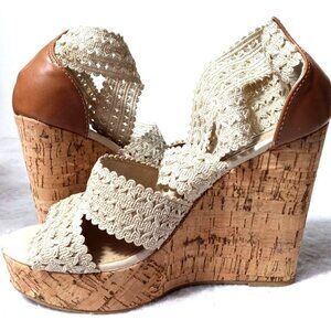 Steve Madden Beige Cork Woven Fabric Edelle Platform Sandals Size 8